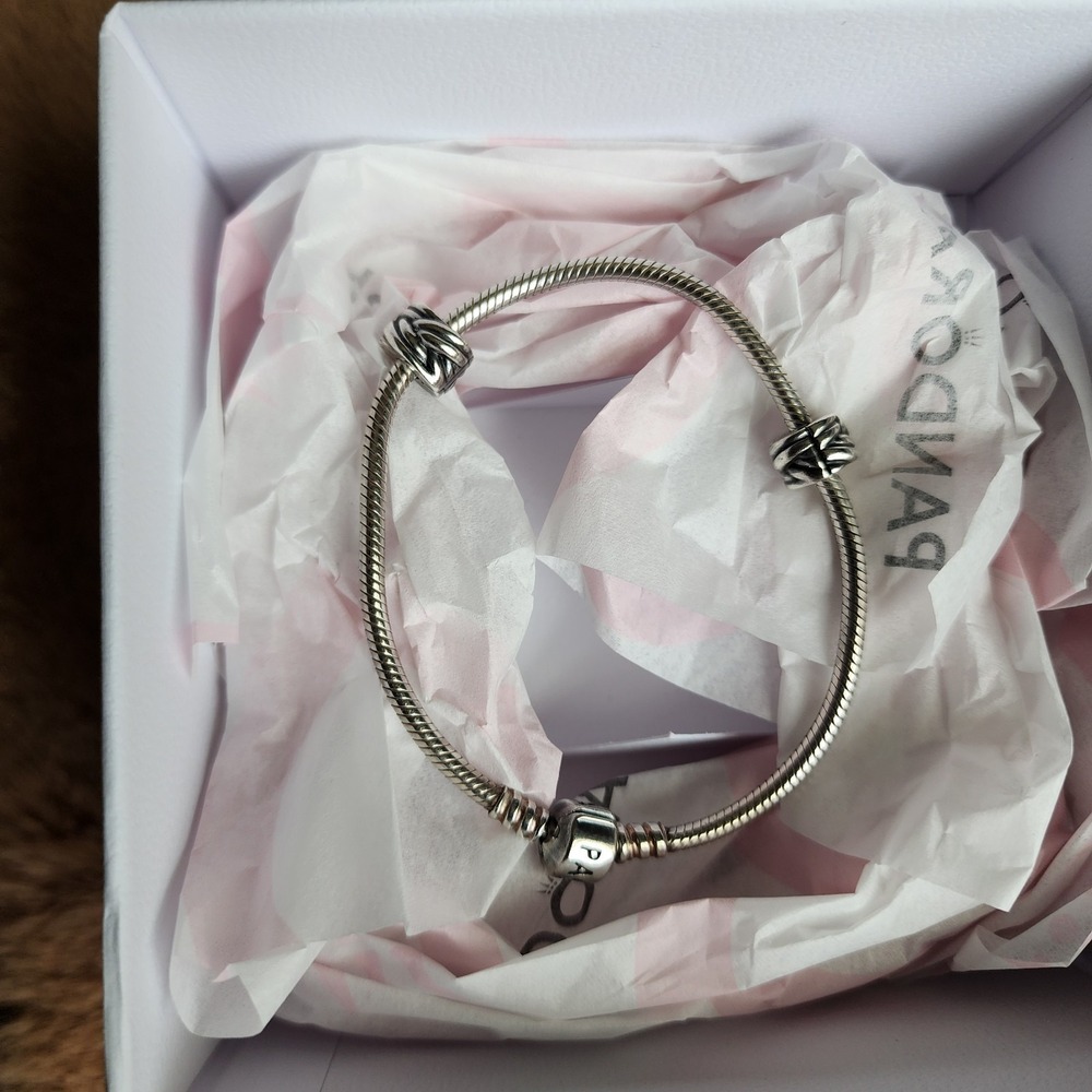 Pandora Sterling Silver 7" Snakechain Starter Bracelet w/  2 Ribbed Clips 790163